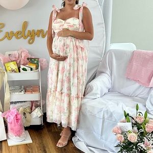 Mable Elegant Floral Bow Strap Maxi Dress in Pink